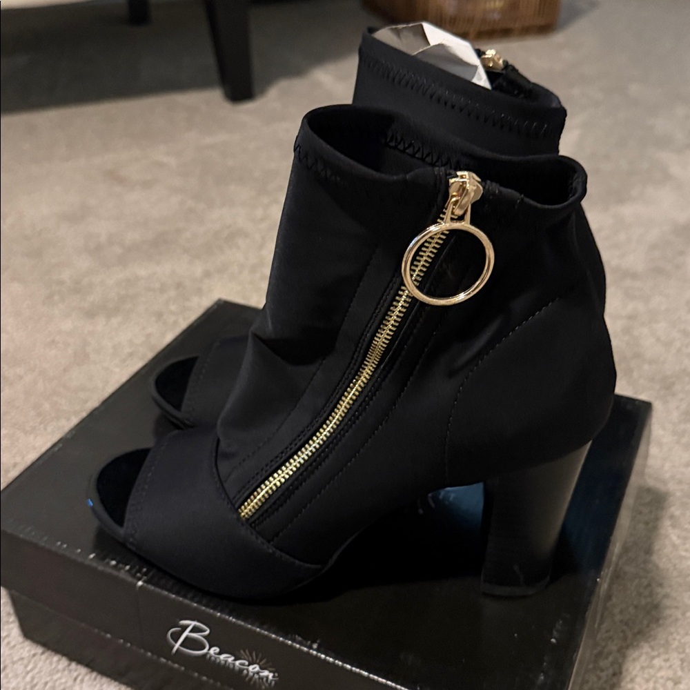 bebe Black Heeled Peep-Toe Boots with Gold Zipper